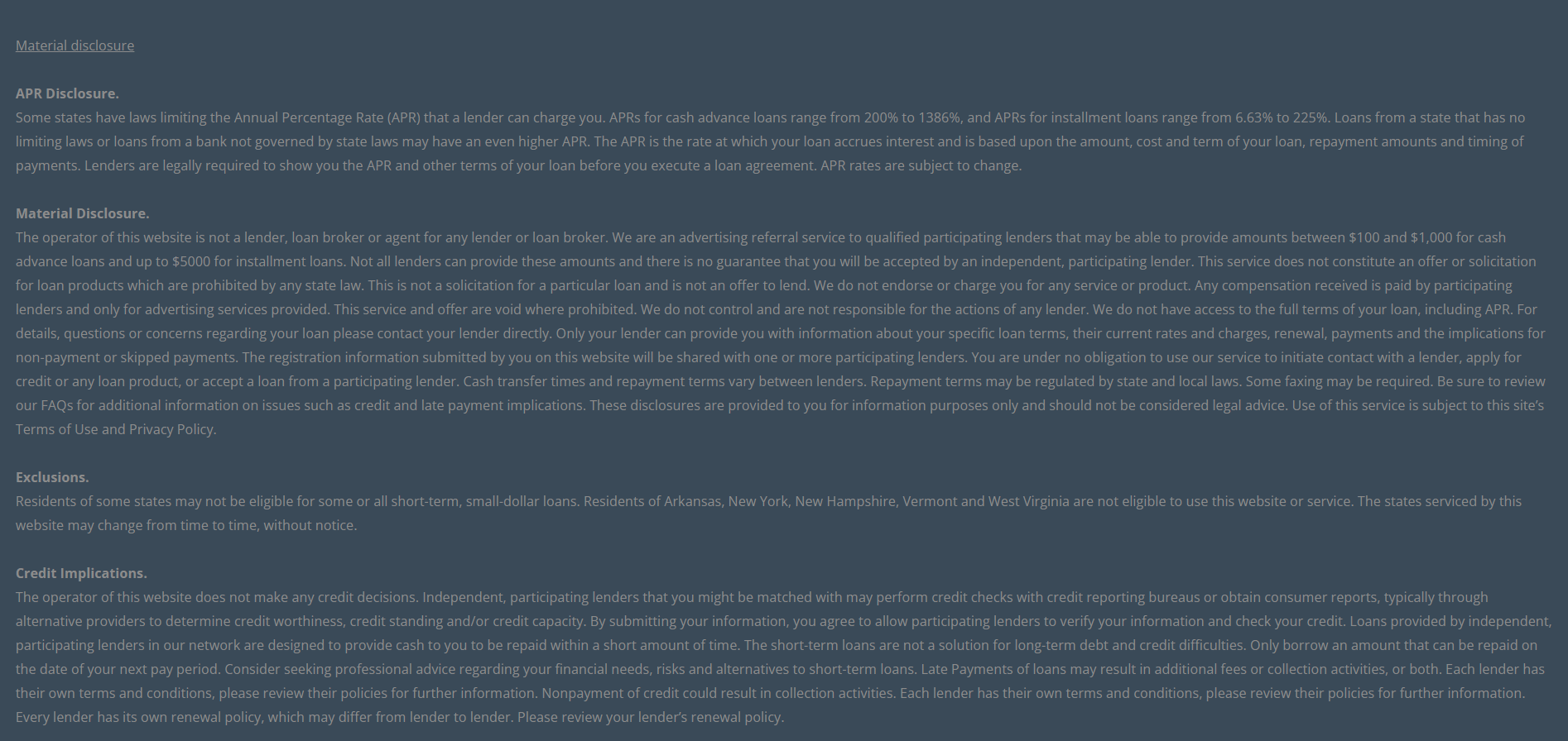 Material disclosure for payday loans in Lakeland Florida